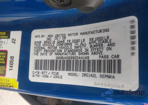 2009 Toyota Corolla Xle from USA, damaged, VIN 1NXBU40E89Z044149